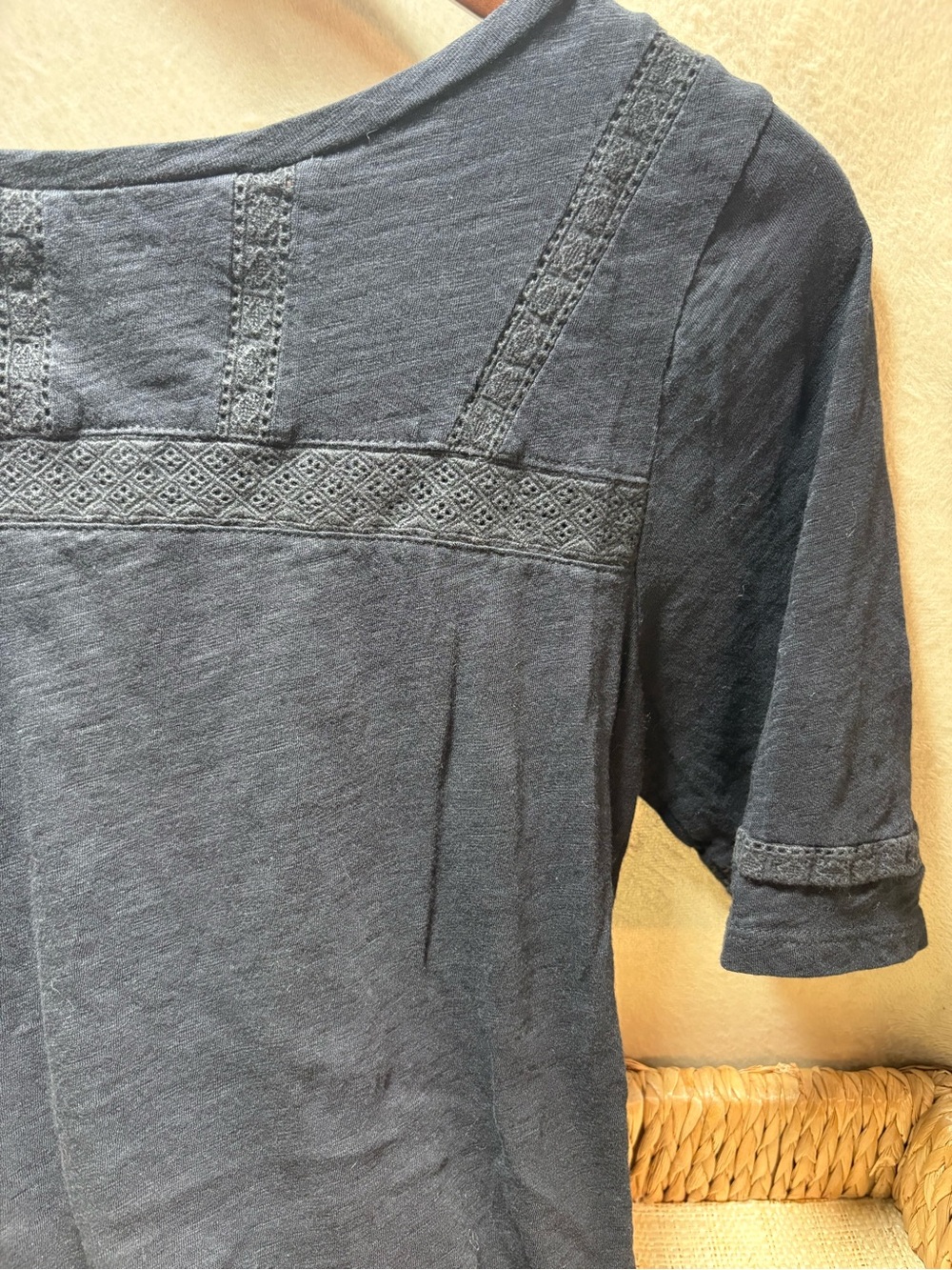 LOFT Vintage Soft XS Black Cotton Lace Trim 3/4 Sleeve Boho Top